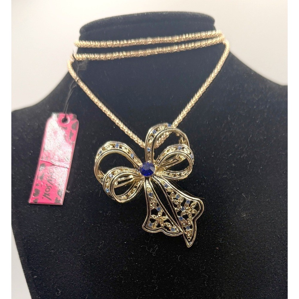 New Betsey Johnson Rhinestone Bow Brooch Pendant Necklace 30" Chain NWT